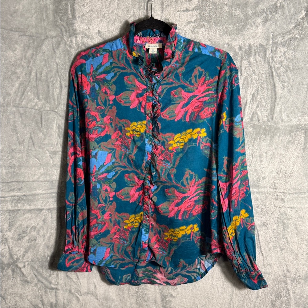 Sundance top XS Multicolor Floral button Blouse. Lightweight, ruffle collar